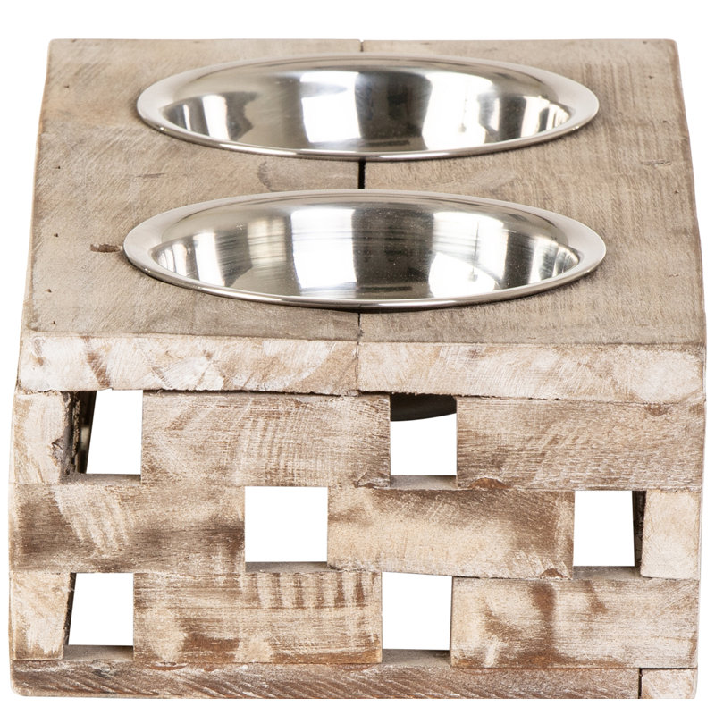 Small Natural Reclaimed Wood Elevated Pet Feeder with Stainless Steel Bowls