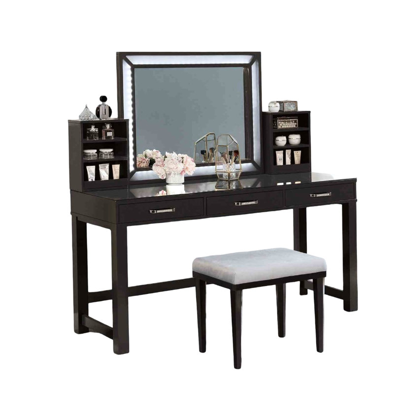 1Pc Vanity Stool With Sophistication, 8Mm Tempered Glass, 3Mm Mirror, 3 Drawers, Padded Stool, Grey Mix For Bedroom Grace,