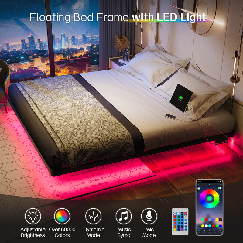 Kathrene Floating Bed Frame with LED Lights and Charging Station, King