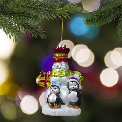 Ornement de Noël suspendu en verre 5,5 "bonhomme de neige avec pingouins