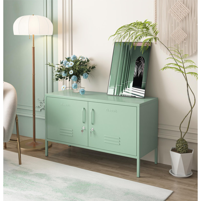 Large armoire de rangement verrouillable en métal avec 2 portes et 2 tablettes réglables à 2 niveaux, console multimédia multifonctionnelle pour le salon
