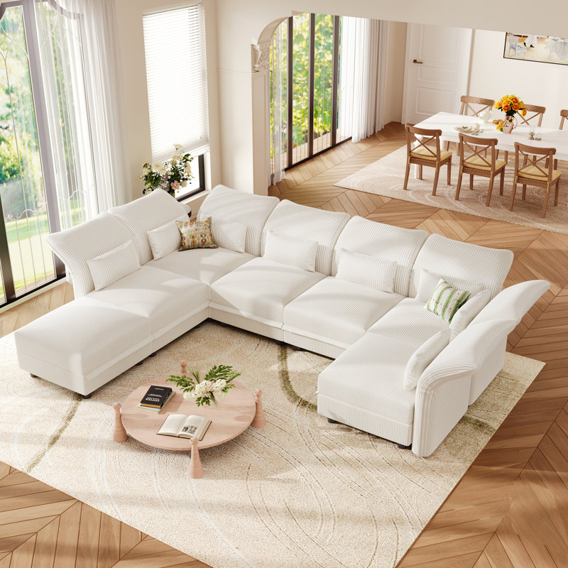 Canapé modulaire rembourré en U avec rangement, canapé à 7 places en velours côtelé avec dossier à accoudoirs réglables, coussins de soutien moelleux, beige