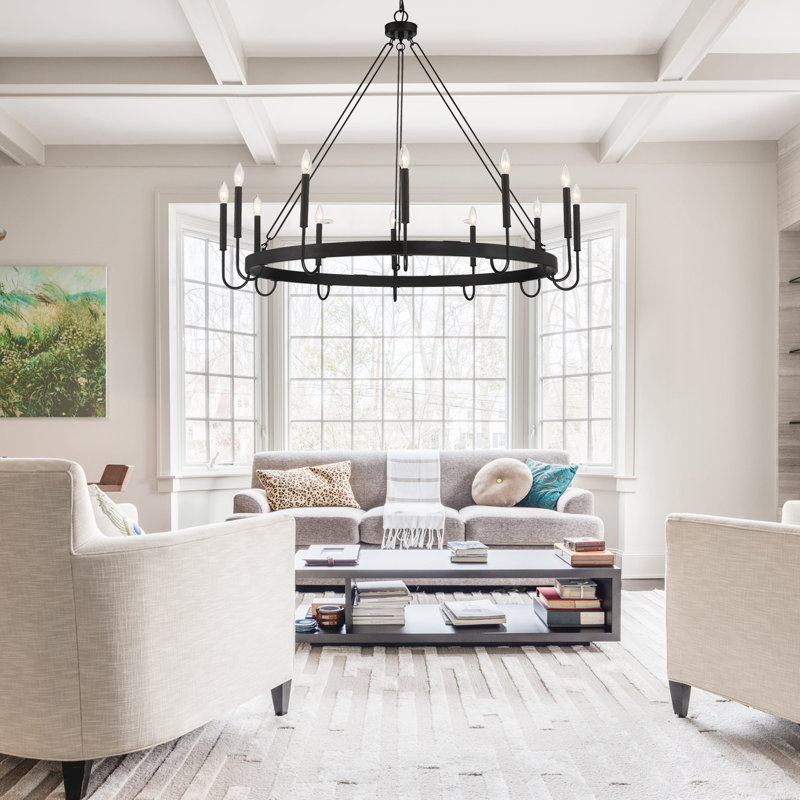 Allegra 46" W 12-Light Wagon Wheel Chandelier, Timeless Black