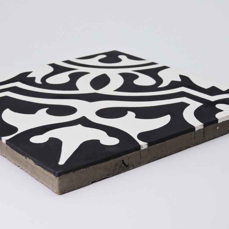 Baha 8" X 8" Cement Patterned Wall & Floor Tile, Black/White