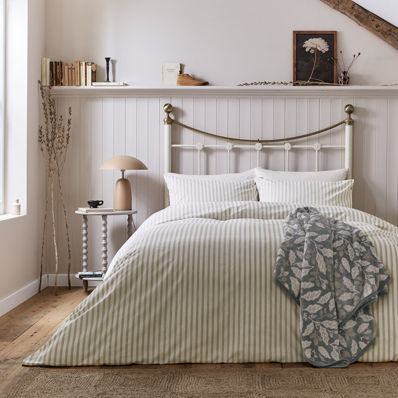 Ticking Stripe Cotton Duvet Cover Set, Beige, Single Duvet Cover Set + 1 Pillowcase