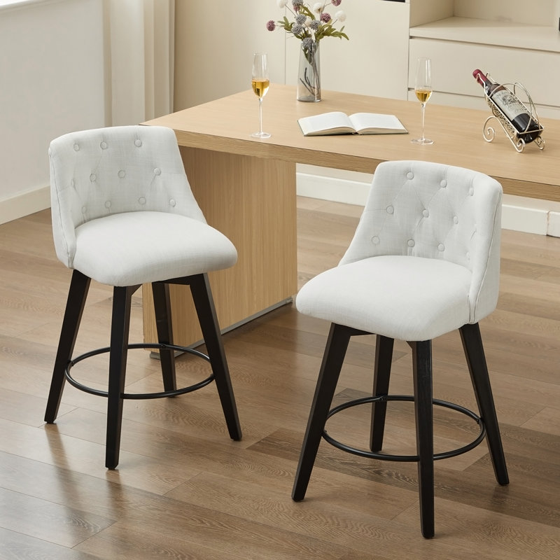 Chaises de comptoir pivotantes, tissu en lin moderne avec dossier capitonné, tabourets de bar élégants, ensemble de 2 pour bar, îlot de cuisine, salle à manger, blanc