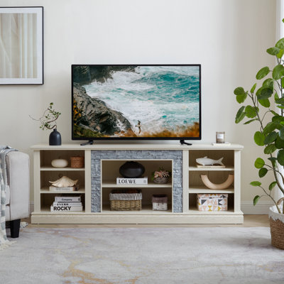 Large Tv Desk Storage Rack With Faux Stacked Stone Surround,Media Console Table With Large Storage Cabinet,Modern Tv Media Entertaionment Stand,White, 70.12"W*15.35"D*25.83"H