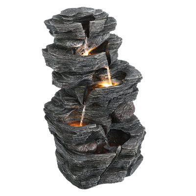 5-Tiers Cascading Bowls And Stacked Stones Led Outdoor Water Fountain For Gardens, Landscaping, Patios, Balconies Home Art Docor