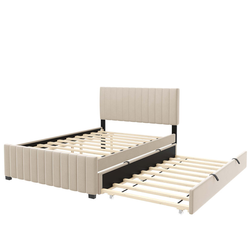Velvet Upholstered Platform Bed with Trundle, Beige, Full/Double