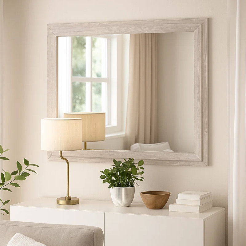 Miroir de commode 48 po Loji, cadre gris vieilli, bois d'hévéa massif