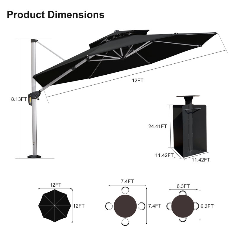 Parasol rond en porte-à-faux avec manivelle 144 po Sharayne, Noir