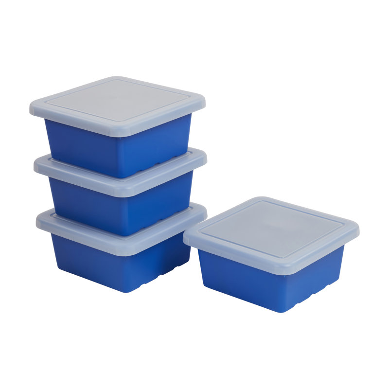 ECR4Kids Stackable Square Bins with Non-Snap Lids, Multipurpose Organization, 4-Pack, Blue