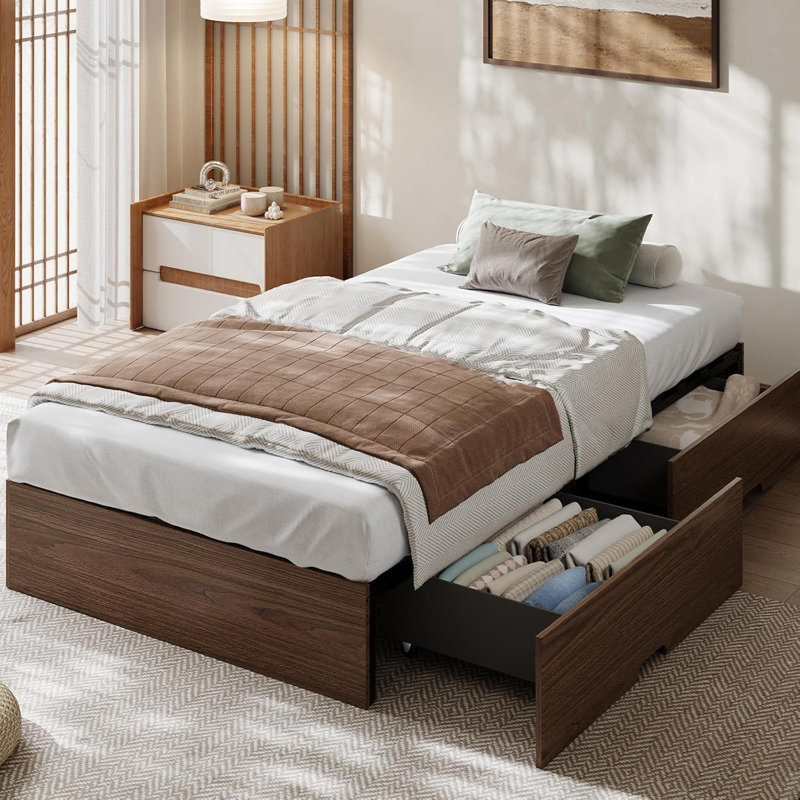 Twin XL Wood Platform Bed Frame with 2 Storage Drawers, No Box Spring, Brown, Twin XL