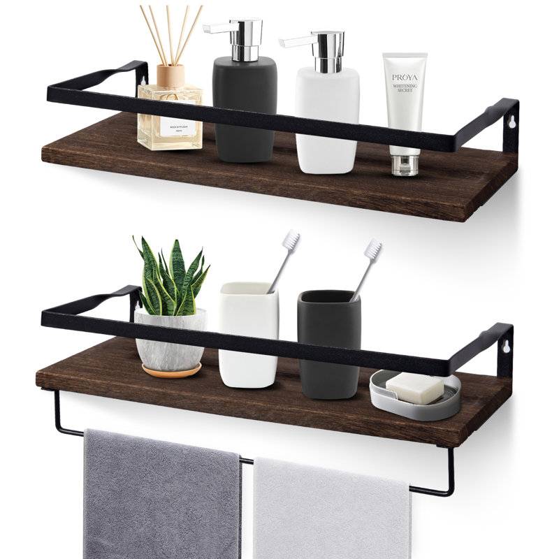 Peyton-Leigh 2 Piece Floating Shelf with Towel Bar, Dark Brown, Brown