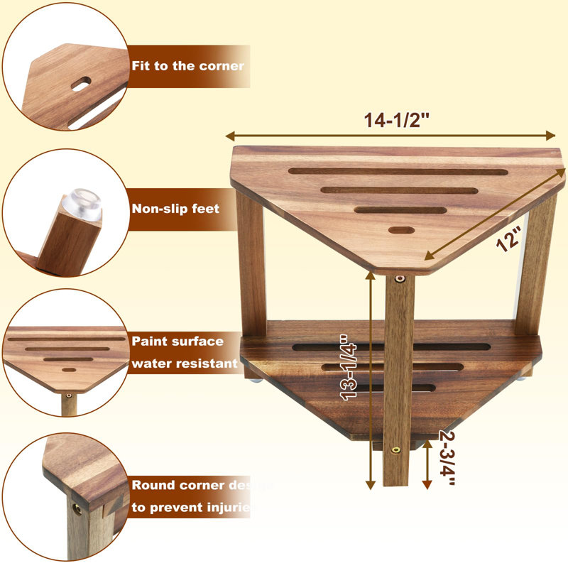 Tabouret de douche d'angle avec tablette de rangement - Banc de rasage pour la douche à l'intérieur - Bois d'acacia