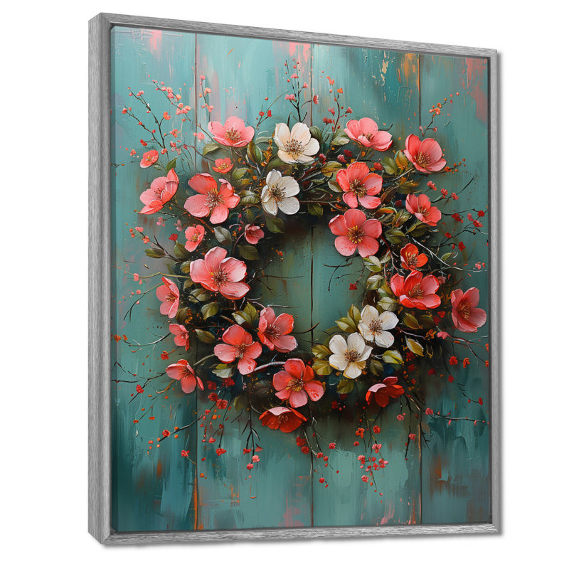 Rose, bleu, printemps, symphonie de couronne III - Couronne, art mural, Encadrement argenté, H 12 po x l 20 po