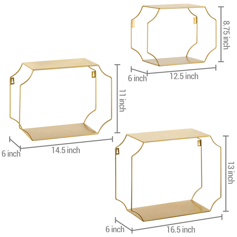 3-Piece Wall Mounted Floating Shelves – Vintage Brass Metal Decorative Display Shelving Set