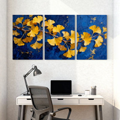 «Golden Ginkgo Leaves» sur fond bleu profond, reproduction d'art sur toile tendue sur toile (ensemble de 3)