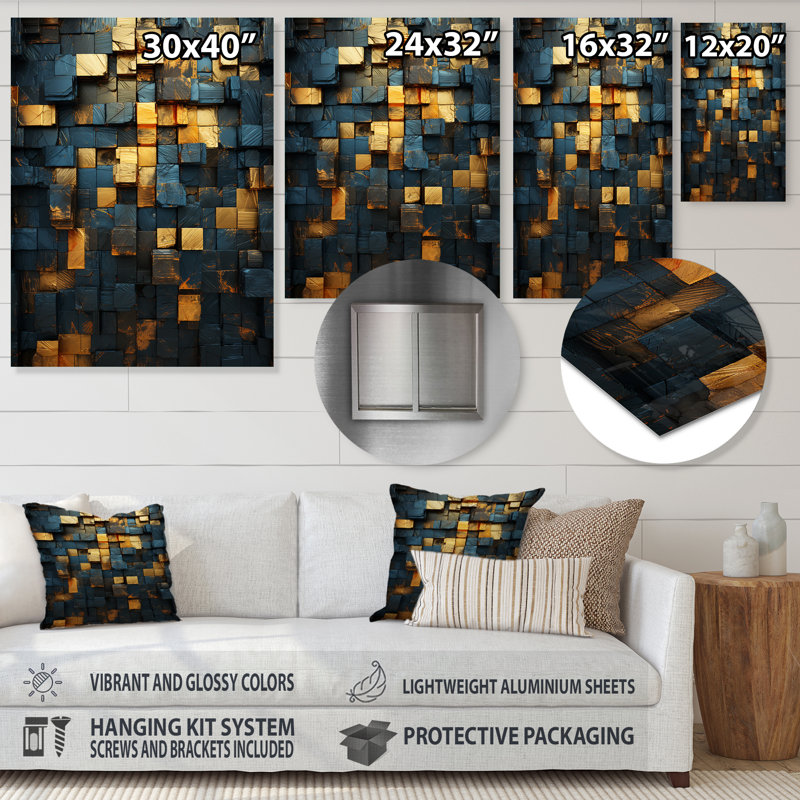 «Grunge Gold Cubes Abstract Geometric V - Abstract Tile», art mural en métal, H 20 po x l 12 po x P 1 po