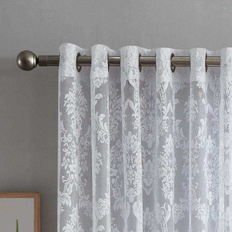 Pair Of Extra Wide 108" W x 100" L White Lace Curtains with Damask Design, White