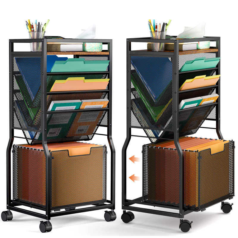 8-Tier Rolling File Cart with Hanging File Folders & 2-Sided Bookcase for Office/Home Organization