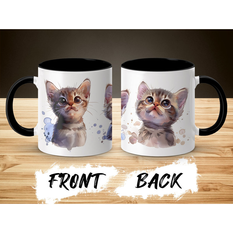 Cat Design 11oz Accent Mug – White Ceramic Coffee Cup with Colored Handle and Interior, Black, 2