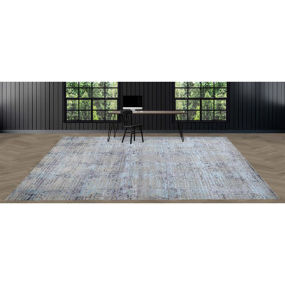 Tapis rectangulaire en laine / viscose noué à la main gris / bleu / beige