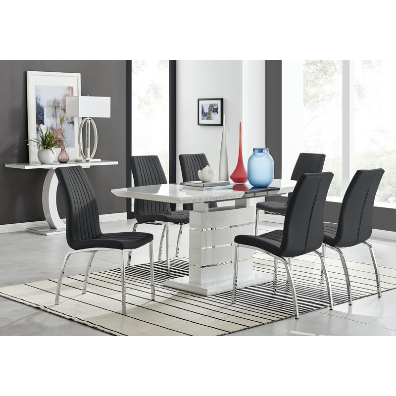 Everson High Gloss Extendable Dining Set with 6 Luxury Faux Leather Upholstered Dining Chairs, Black