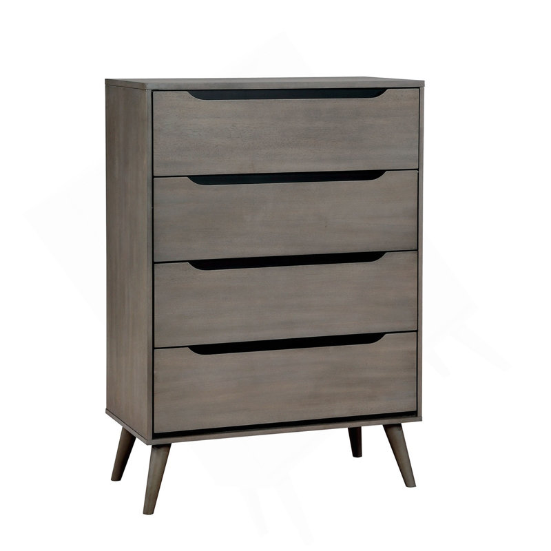 Commode ronde moderne de style Mid-Century avec pieds fuselés et quatre tiroirs encastrés, finition grise, Gris
