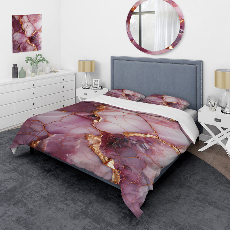 Ensemble de housse de couette abstrait rose et doré Marble River IV - Abstract, Housse de couette pour lit simple
