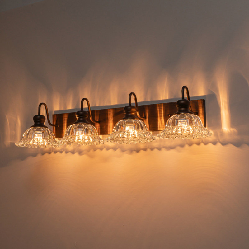Vintage Bathroom Vanity Light with Flower Glass Shade, 7.68" H x 33.74" W x 10.04" D, 4 Lights