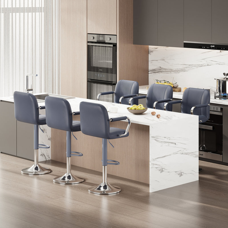 Tavion Adjustable Swivel Faux Leather Bar Stool with Armrests and Footrest, Blue