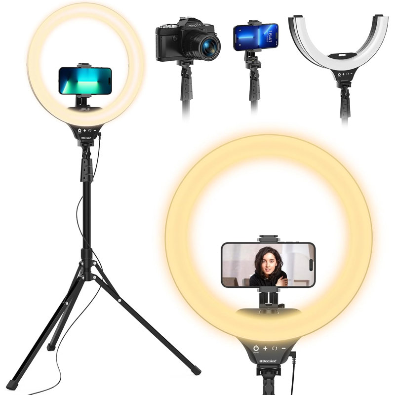 Anneau lumineux à DEL pliable de 14 pouces avec trépied de 62 pouces, support de téléphone et télécommande, luminosité et température de couleur réglables pour le Selfie, le Tiktok, la photographie, le maquillage, la diffusion en direct