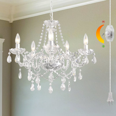 Dimmable Plug-in Glass Chandelier 5 Light Crystal (Bulbs Included), White Hanging Pendant Light