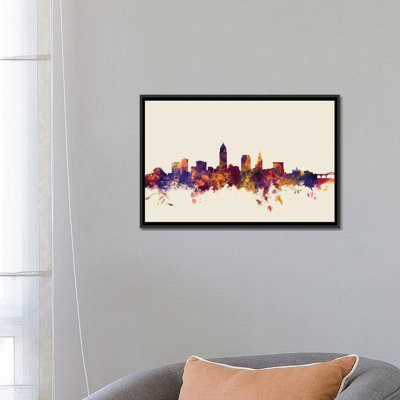 Cleveland, Ohio, USA On Beige par Michael Tompsett - Giclée sur toile tendue avec châssis