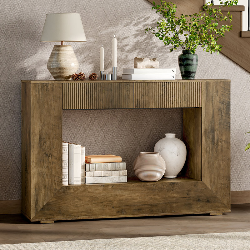 Farmhouse Entryway Table, Fluted Console Table With Storage, 47” Hallway Accent Desk, Handle-Less Drawers