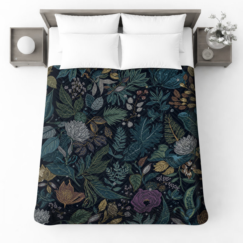 Botanical Leafy Pattern Quilted Bedspread All Sizes, Queen
