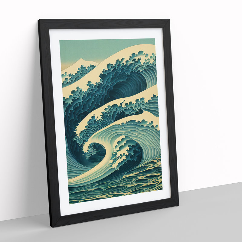 Traditional Japanese Wave No.4 - Wall Art, Black Framed, 66cm H x 48cm W, White