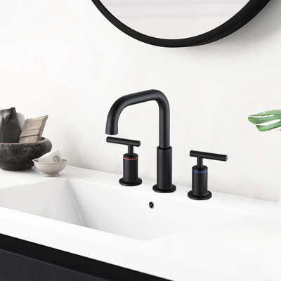 8 po Robinet pour salle de bain à poignée double à large entraxe en noir mat avec bonde escamotable - Fabrication en laiton massif pour la durabilité, pivotant sur 360 °, valves à disque en céramique, bec de débit, débit de 1,5 gallon par minute, facile
