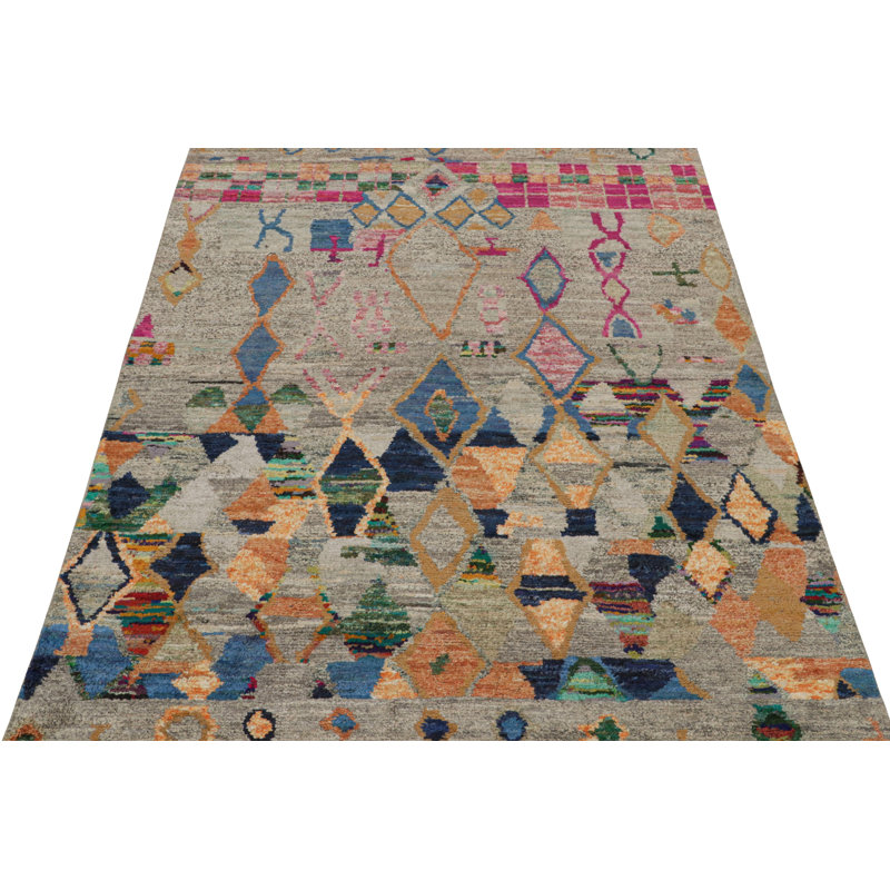 Moroccan Hand Knotted Geometric Area Rug, Rectangle 9' x 12'