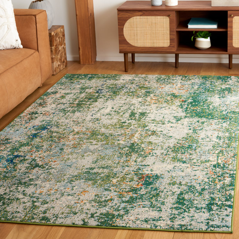 Green and Blue Abstract Stain-Resistant Wool Rug, 3' x 5'