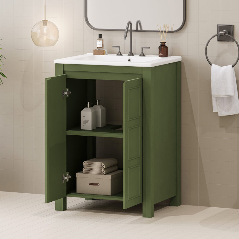 Petit meuble-lavabo de style vintage 24 po avec lavabo en céramique, 2 portes à fermeture douce, tablette réglable