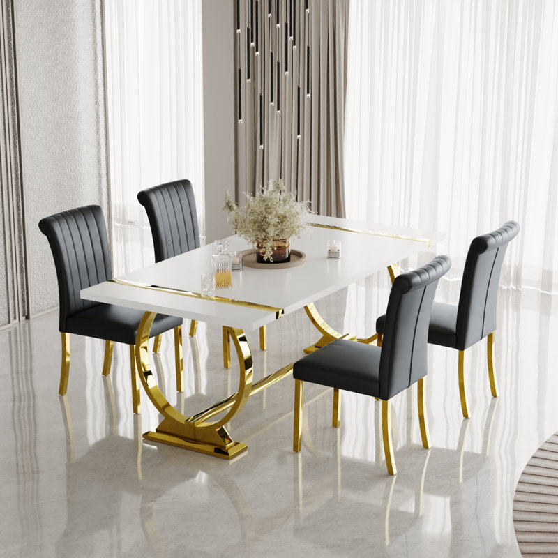 Ensemble de table de salle à manger 5 pièces Glam Gold avec 4 chaises en cuir noir et or, 5 pièces: table, 4 chaises, Noir