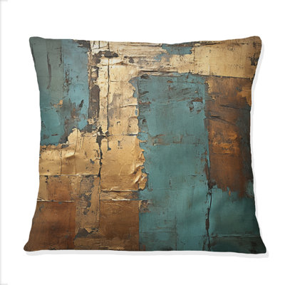 Kintsugi Retro Glam Vintage Gold On Turquoise II - Abstract Geometric Printed Throw Pillow