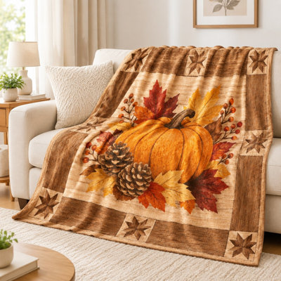 Jeté d'automne moelleux à motif citrouille et feuilles, literie chaleureuse pour canapé-lit