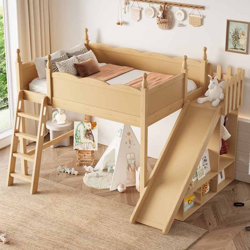 Full Solid Wood Loft Bed with Storage, Wardrobe, Detachable Slide & Ladder, Natural, Natural, Full
