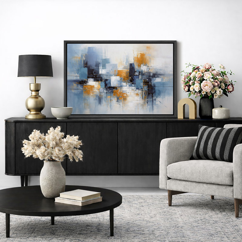 Abstrait bleu orange, ville géométrique, œuvre d'art moderne, images de salon moderne, impression sur toile encadrée