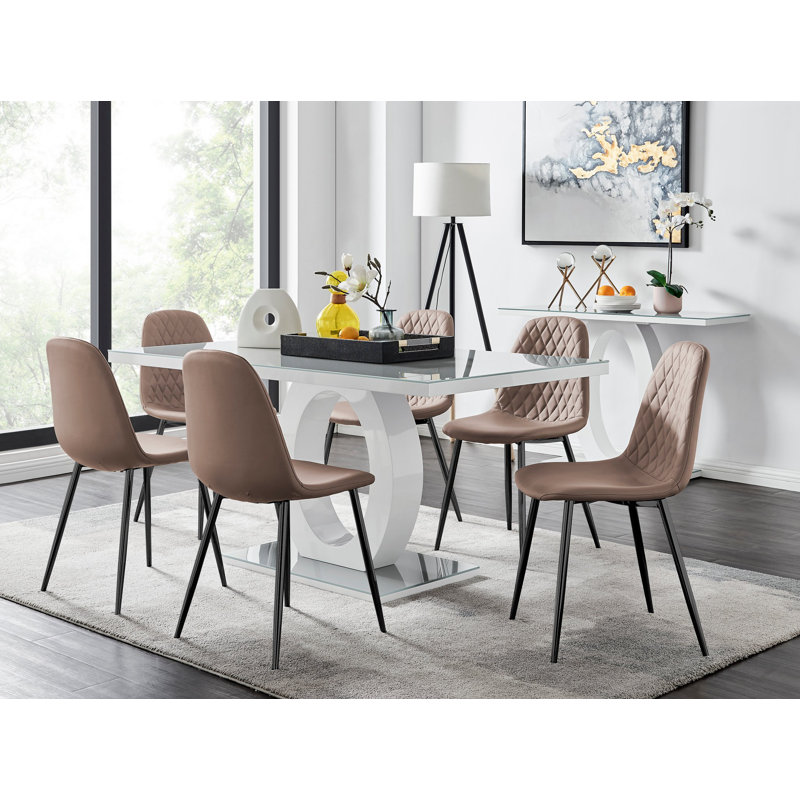 Scottsmoor Modern High Gloss & Glass Dining Table Set - 6 Scandi-Style Faux Leather Dining Chairs, Grey