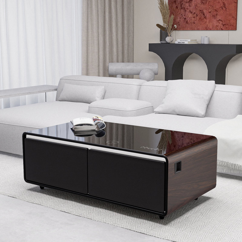 Brown High Gloss Smart Coffee Table with Built-in Fridge and Bluetooth Speakers