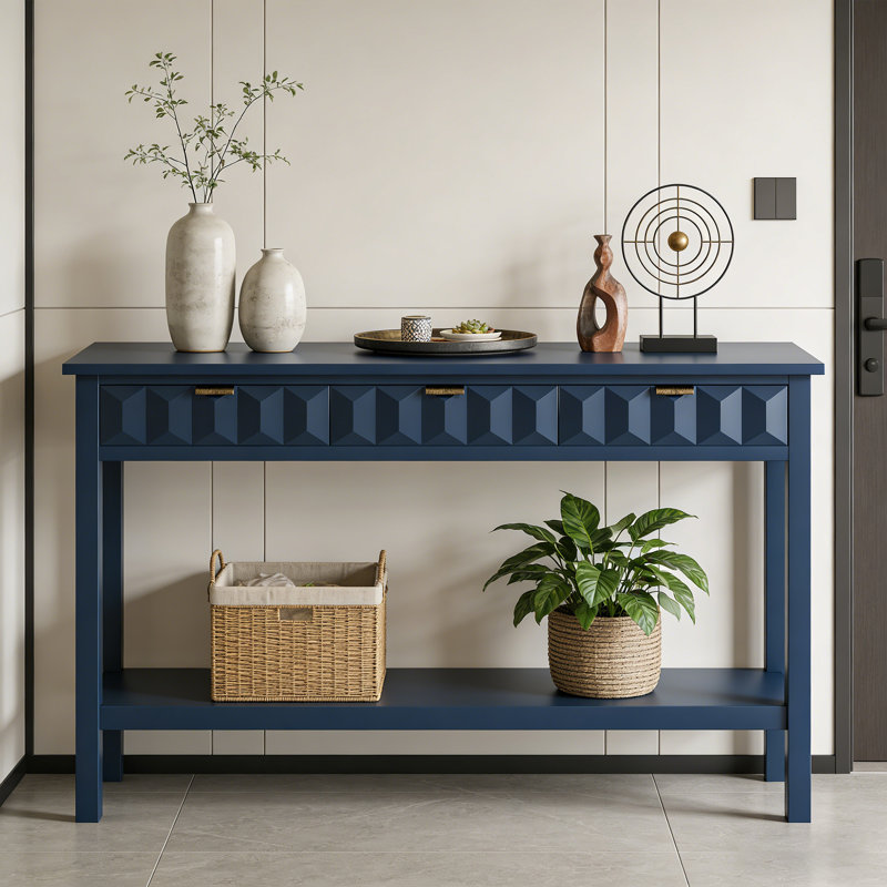 Table d'entrée en placage de sapin, console moderne avec 3 tiroirs et pieds solides, Bleu